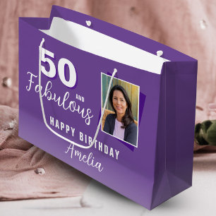 Sacola Para Presentes Grande Foto de 50 roxas e 50.º aniversário fabuloso