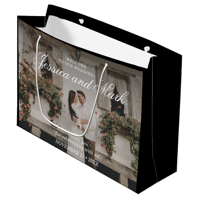 Sacola Para Presentes Grande Foto de Boas-vindas ao Casamento Negro Elegante (Frente inclinada)