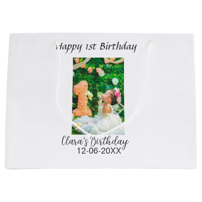Sacola Para Presentes Grande Foto de primeiro aniversario feliz simples e elega (Frente)