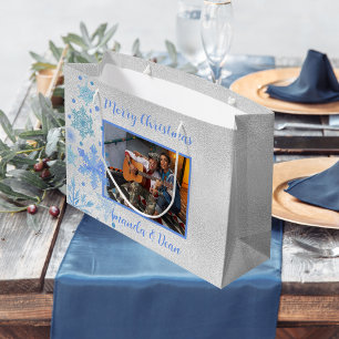 Sacola Para Presentes Grande Foto dos flocos de neve azul-Natal