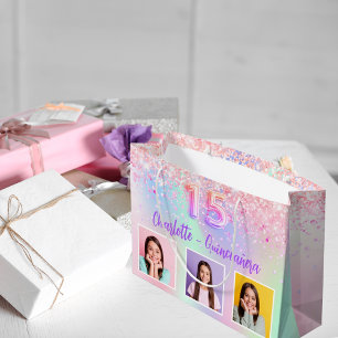 Sacola Para Presentes Grande Foto holográfica rosa púrpura Quinceanera