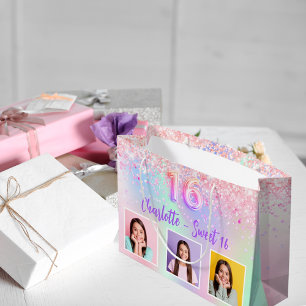 Sacola Para Presentes Grande Foto holográfica roxa rosa Doce 16