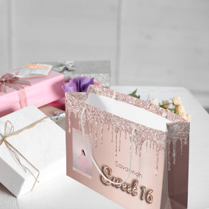 Sacola Para Presentes Grande Foto personalizada cor-de-rosa 16 rosa dourada doc