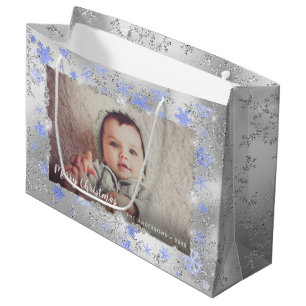 Sacola Para Presentes Grande Foto personalizada de flocos de neve azuis-pratead