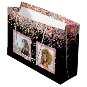 Sacola Para Presentes Grande Foto personalizada holográfica preto