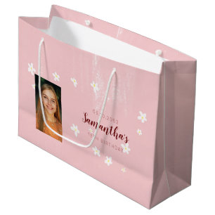 Sacola Para Presentes Grande Foto Personalizada Simples, Cinzenta, Rosa De Aniv