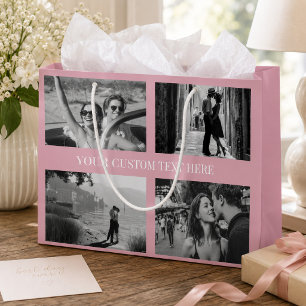 Sacola Para Presentes Grande Foto Personalizada, Texto, Cor Blush Casamento Gra