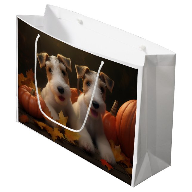 Sacola Para Presentes Grande Fox Terrier Puppy Autumn Delight Pumpkin (Frente inclinada)