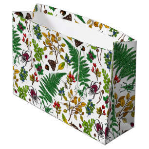Sacola Para Presentes Grande Framboesas, folhas e insetos em branco