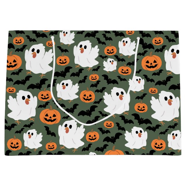 Sacola Para Presentes Grande Frangos Fantasmas Cute Spooky com Pumpkins e Bats (Frente)