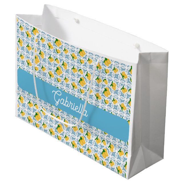 Sacola Para Presentes Grande French Country Lemon Blue Tile Monogram Name (Frente inclinada)
