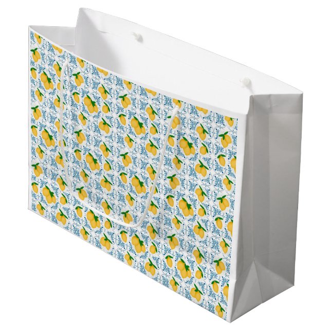 Sacola Para Presentes Grande French Country Lemon Blue Tile Pattern (Frente inclinada)