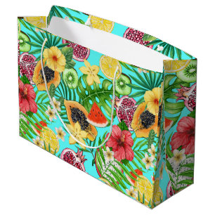 Sacola Para Presentes Grande Frutas tropicais, flores e folhas em azul