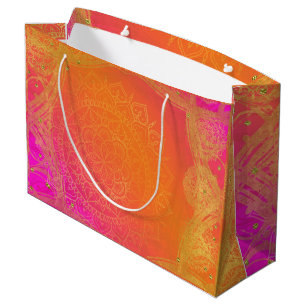 Sacola Para Presentes Grande Fuchsia Rosa Laranja & Dourado Mandala Festa India