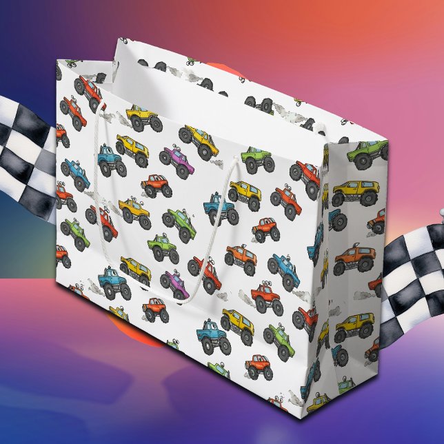 Sacola Para Presentes Grande Fun Monster Trucks Birthday  (Criador carregado)