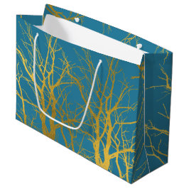 Sacola Para Presentes Grande Fundo Azul Padrão de Ramificações de Árvore Dourad