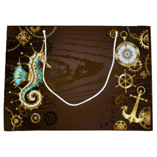 Sacola Para Presentes Grande Fundo de madeira com cavalo de mar mecânico