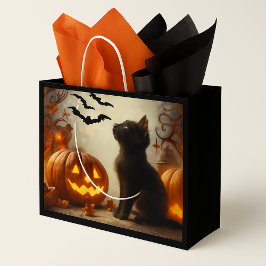 Sacola Para Presentes Grande Ganha-Presente de Gato Preto de Halloween Bonito