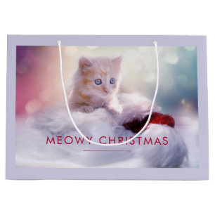 Sacola Para Presentes Grande Gatinho Bonito Descansando em um Papai Noel Feliz