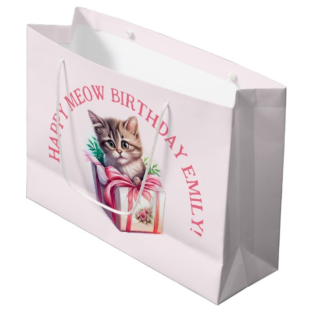 Sacola Para Presentes Grande Gatinho Bonito num Presente de Aniversário de Caix (Frente inclinada)