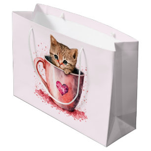 Sacola Para Presentes Grande Gatinho Bonito num Teacup com Corações