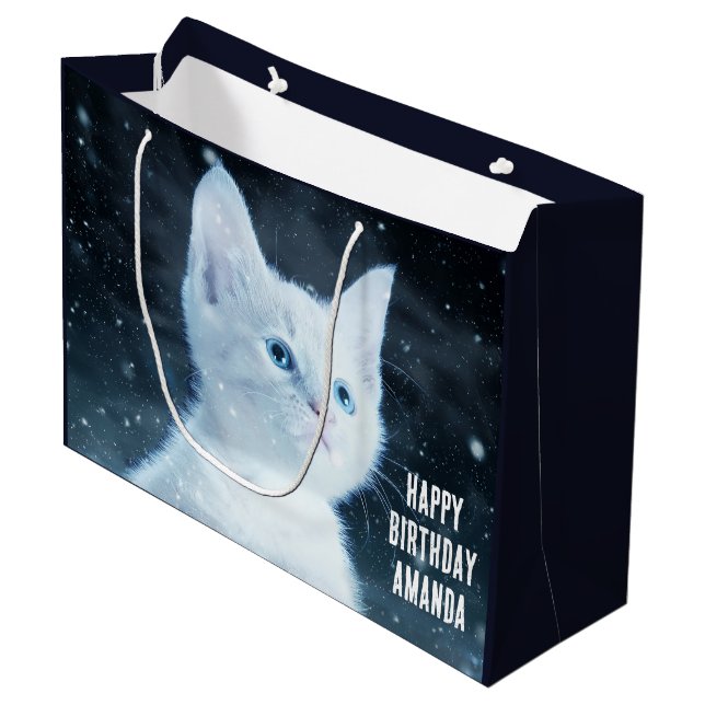 Sacola Para Presentes Grande Gatinho branco e bonito com Bonito aniversário de  (Frente inclinada)