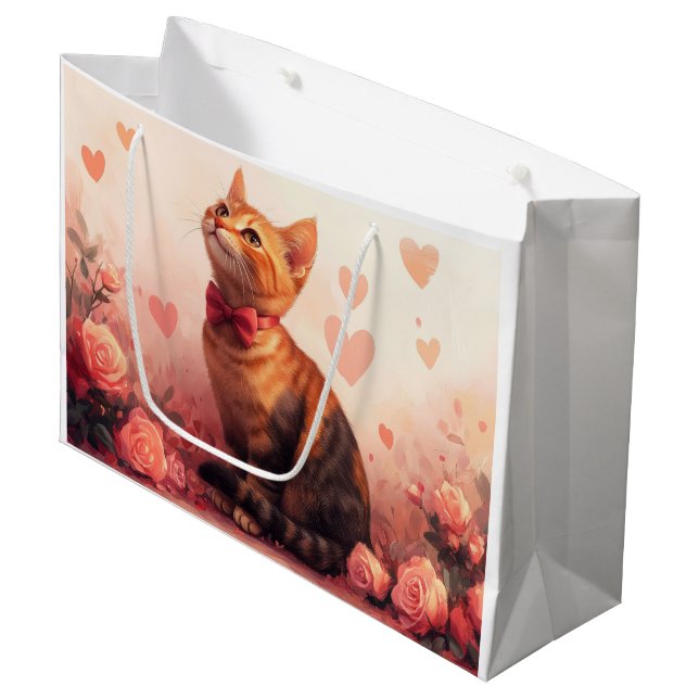 Sacola Para Presentes Grande Gato Abissino com Rosas - Dia de os namorados (Frente inclinada)