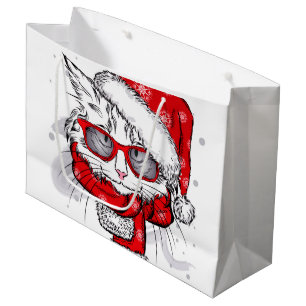 Sacola Para Presentes Grande Gato Branco Bonito Feliz Natal