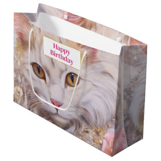 Sacola Para Presentes Grande Gato Branco Elegante no Aniversário do Dourado e d