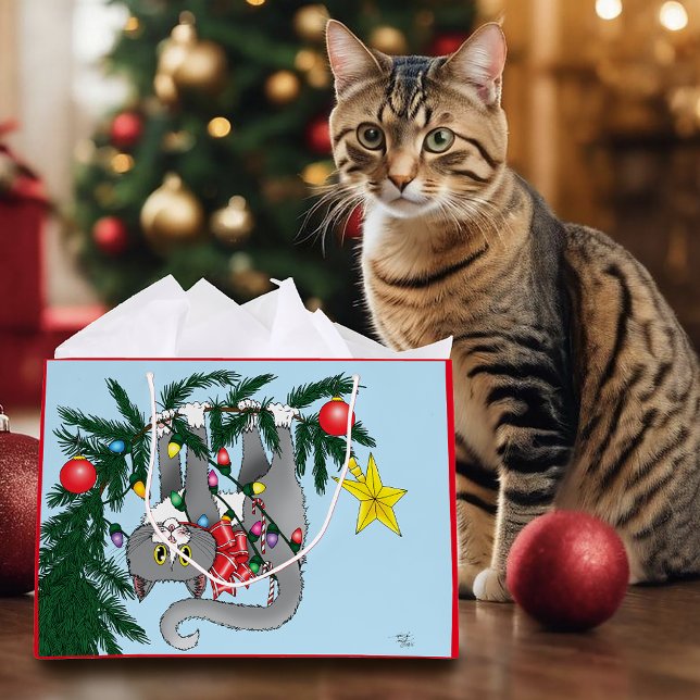 Sacola Para Presentes Grande Gato de Árvore de Natal Engraçado (Criador carregado)