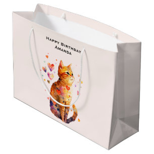 Sacola Para Presentes Grande Gato de Tabby Bonito com Corações Aniversário