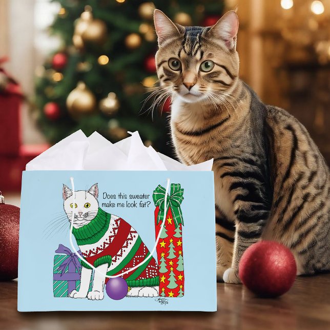 Sacola Para Presentes Grande Gato Engraçado de Natal Feio (Criador carregado)