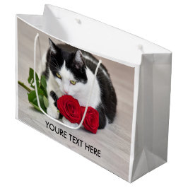 Sacola Para Presentes Grande Gato fofo com a rosa vermelha