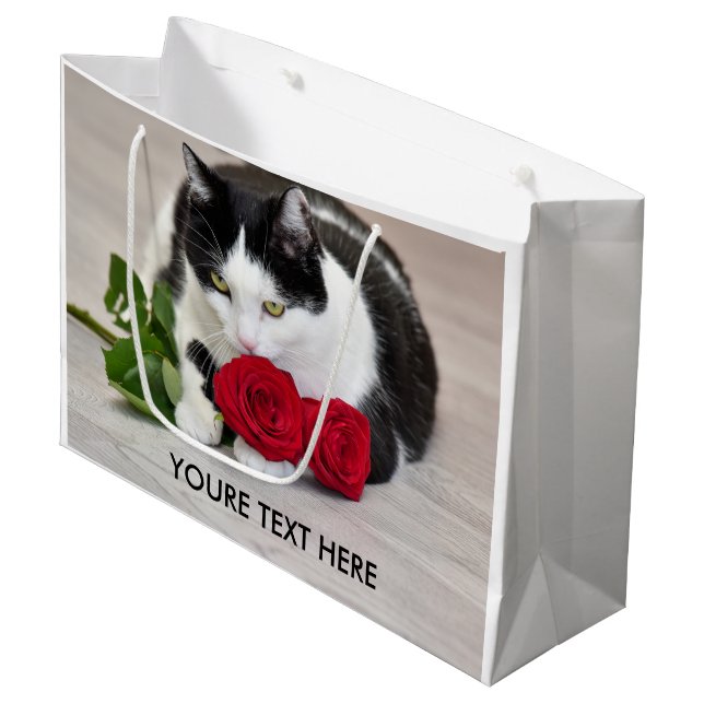 Sacola Para Presentes Grande Gato fofo com a rosa vermelha (Frente inclinada)