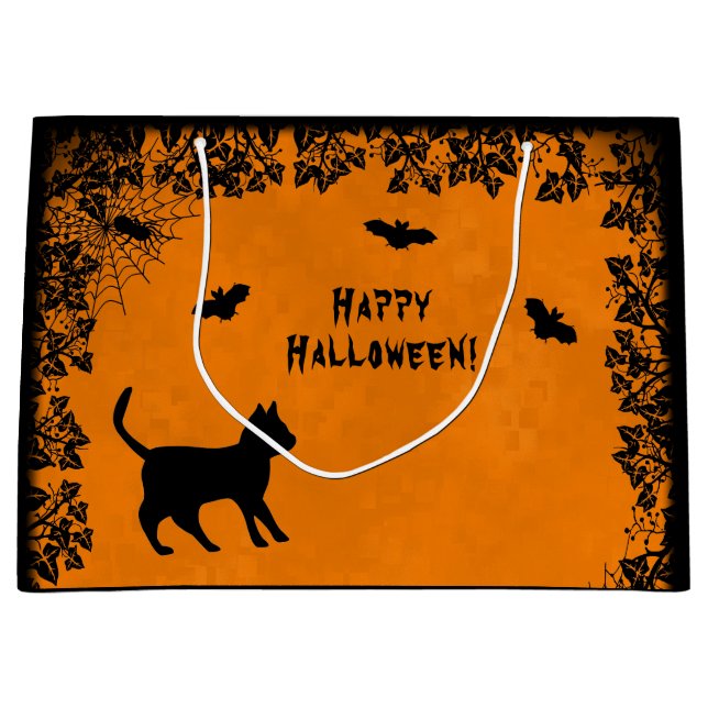 Sacola Para Presentes Grande Gato Negro com Bat, Feliz Halloween! (Frente)