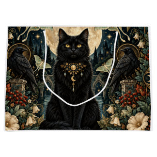 Sacola Para Presentes Grande Gato Negro Gótico Celestial con Luna y Cuervos.