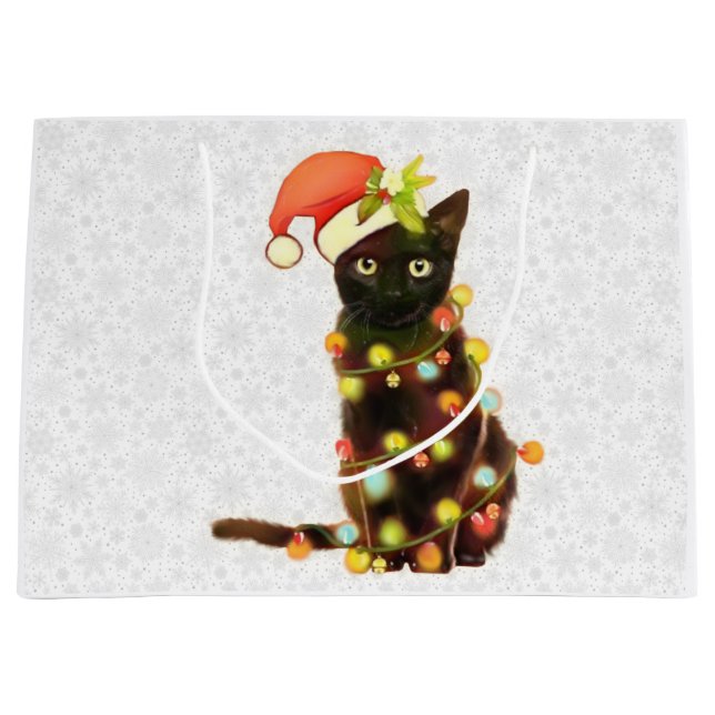 Sacola Para Presentes Grande Gato Preto Com Luzes De Natal (Frente)