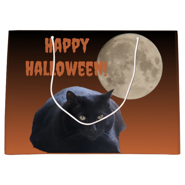 Sacola Para Presentes Grande Gato Preto de Lua Completa do Halloween (Frente)