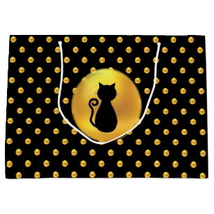 Sacola Para Presentes Grande Gato Preto e Bolinhas Douradas