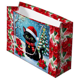 Sacola Para Presentes Grande Gato Preto Fofo e Natal de Poinsettia