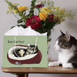 Sacola Para Presentes Grande Gato Tabby Fofo Dia das Mães Verde