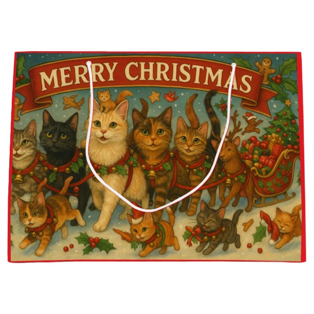 Sacola Para Presentes Grande "Gatos de Natal" Saco de Presente (Frente)
