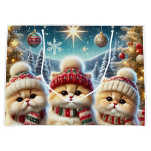 Sacola Para Presentes Grande Gatos em decoração festiva de Natal e Neve
