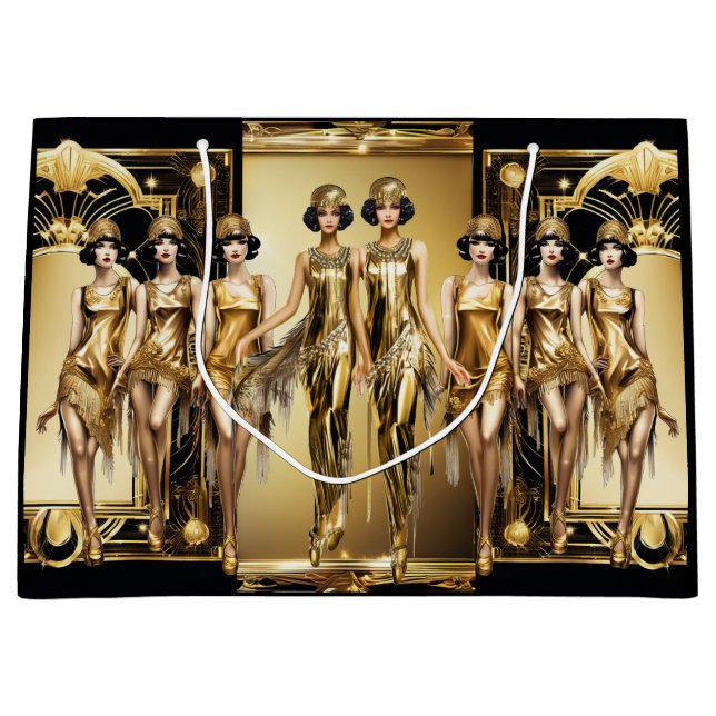 Sacola Para Presentes Grande Gatsby Flapper Girl gold evento do tema negro (Frente)