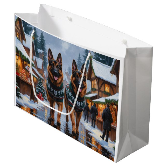 Sacola Para Presentes Grande German Shepherd Dogs Christmas Snow Holiday (Frente inclinada)