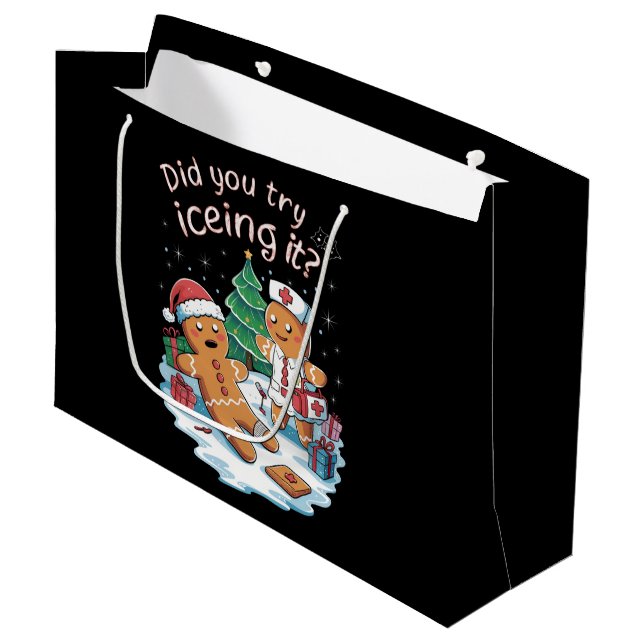 Sacola Para Presentes Grande Gingerbird Man Cookie Ugly Sweater Oh Snap Xmas (Frente inclinada)