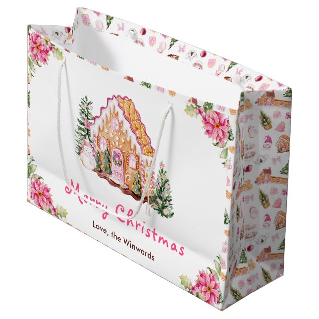 Sacola Para Presentes Grande Gingerbread House Pink Merry Christmas (Frente inclinada)