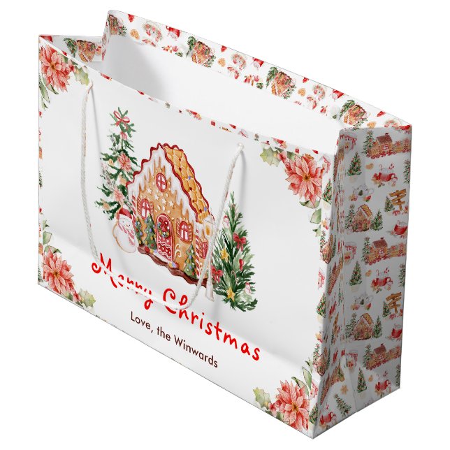 Sacola Para Presentes Grande Gingerbread House Red Merry Christmas (Frente inclinada)