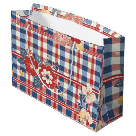 Sacola Para Presentes Grande Gingham Patriótico com Acentos Florais | Vermelho 