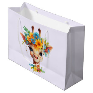 Sacola Para Presentes Grande Girafa Bonita com Coroa Floral